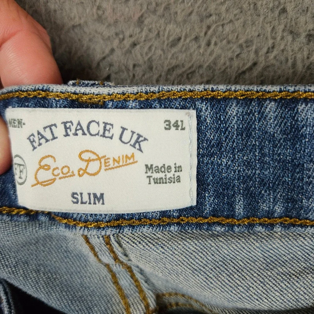 Fat Face UK Mens Slim Eco Denim Jeans Light Wash Blue Size 34L 34x32